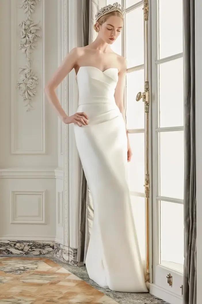 Model wearing a white column style gown